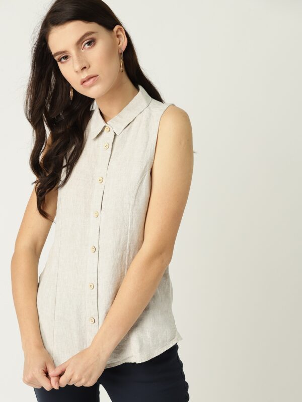 MANGO Women Solid Linen Casual Shirt