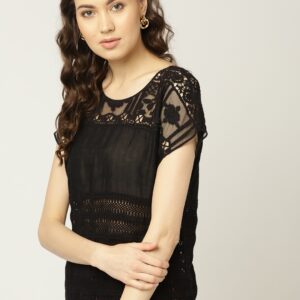 MANGO Women Lace Inserts Semi-Sheer Top