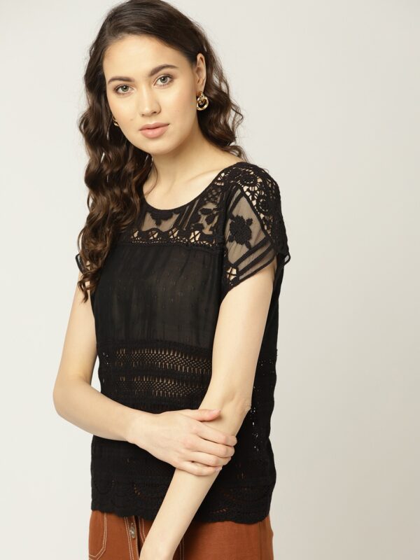 MANGO Women Lace Inserts Semi-Sheer Top