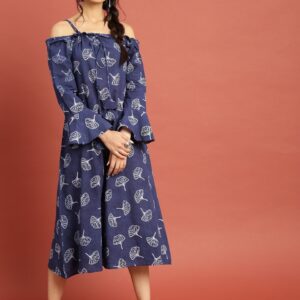 Taavi Women Block Print Legacy A-Line Midi Sustainable Dress with Cold-Shoulder