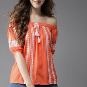 HERE&NOW Women Embroidered Bardot Top