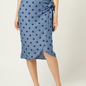 MANGO Women Pola Dots Print Chambray Midi Wrap Skirt