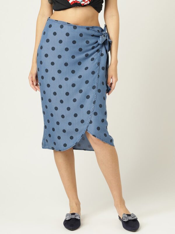 MANGO Women Pola Dots Print Chambray Midi Wrap Skirt