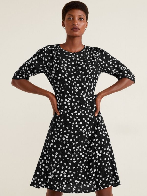 MANGO Women Black & White Floral Print Wrap Dress