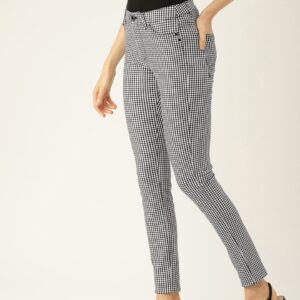 ESPRIT Women White & Black Regular Fit Checked Trousers