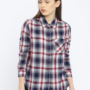 ALCOTT Women White & Navy Checked Casual Shirt