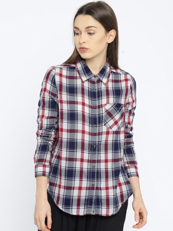 ALCOTT Women White & Navy Checked Casual Shirt