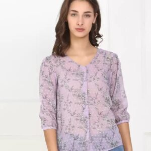 VAN HEUSEN  Casual Regular Sleeves Printed Women Purple Shirt