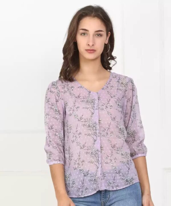 VAN HEUSEN  Casual Regular Sleeves Printed Women Purple Top