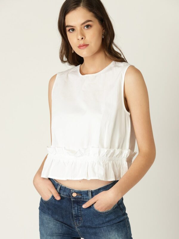 MANGO Women Solid Crop Pure Cotton Top