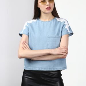 Miss Bennett  Solid Denim Crop Pure Cotton Top