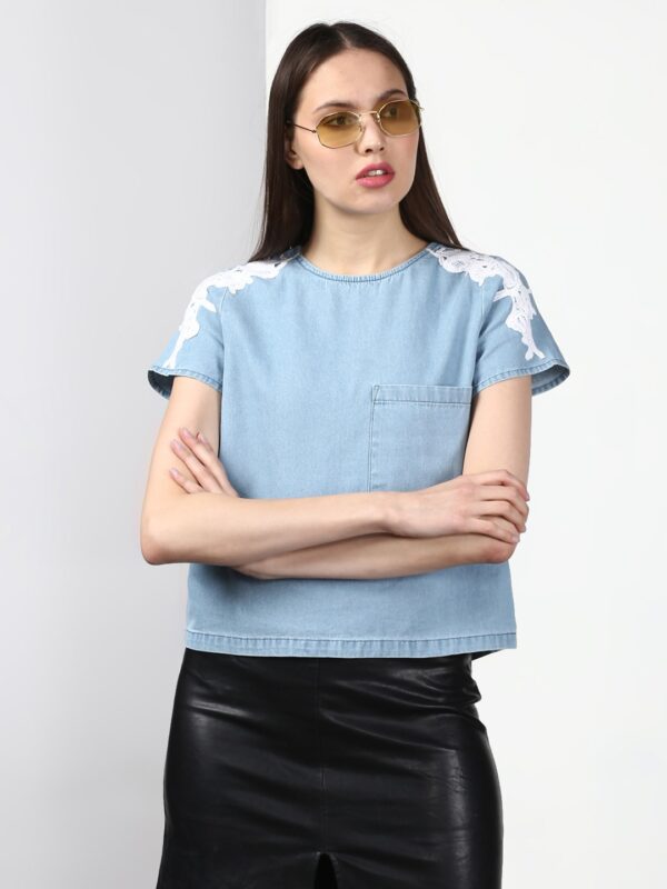 Miss Bennett  Solid Denim Crop Pure Cotton Top