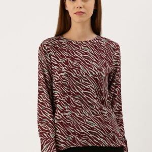 Moda Rapido Women Burgundy & Beige Zebra Printed Styled Back Top