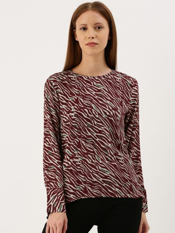 Moda Rapido Women Burgundy & Beige Zebra Printed Styled Back Top