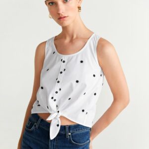 MANGO Women White & Black Embroidered Pure Cotton Top