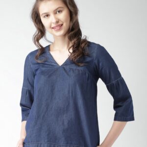 Mast & Harbour Women Solid Indigo Chambray Pure Cotton Top