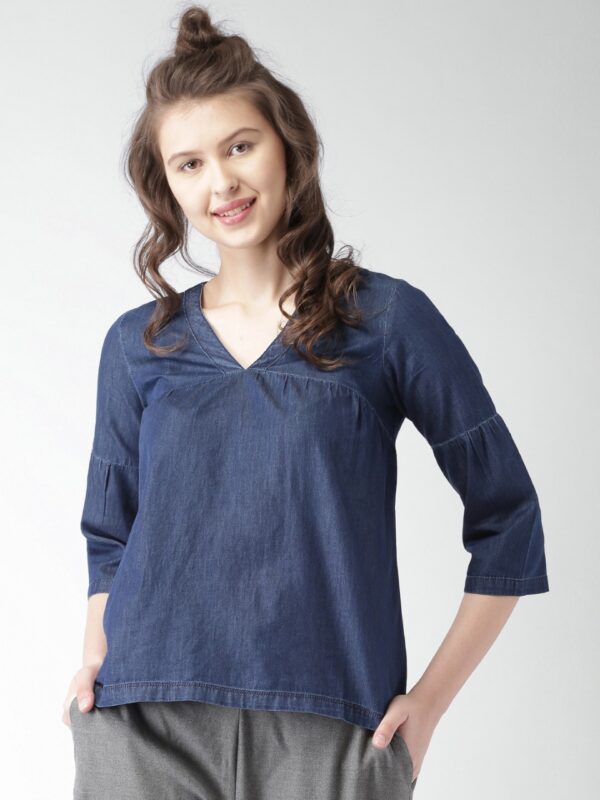 Mast & Harbour Women Solid Indigo Chambray Pure Cotton Top