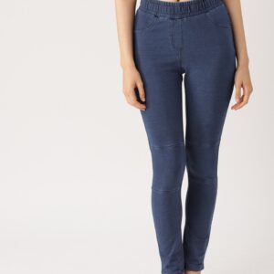 DressBerry Women Navy Blue Solid Treggings