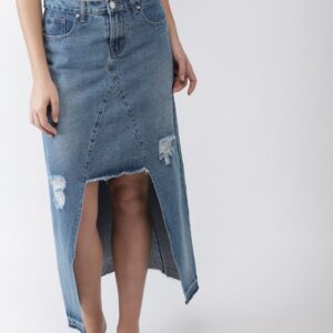 FOREVER 21 Women Blue Washed High-Low Denim Straight Pure Cotton Skirt