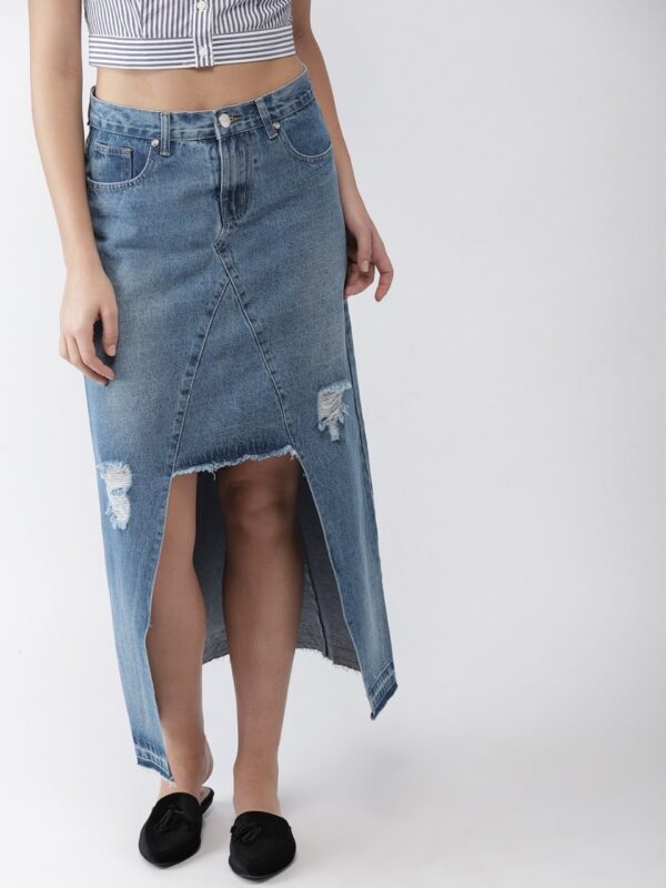 FOREVER 21 Women Blue Washed High-Low Denim Straight Pure Cotton Skirt