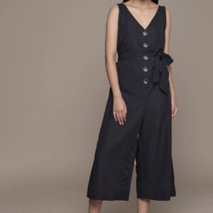 MANGO Women Navy Blue Solid Culotte Jumpsuit