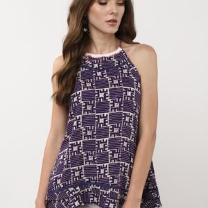 Sangria Women Navy & Off-White Printed A-Line Top