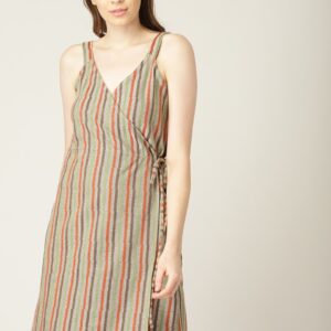 MANGO Women Brown & Green Striped Wrap Dress