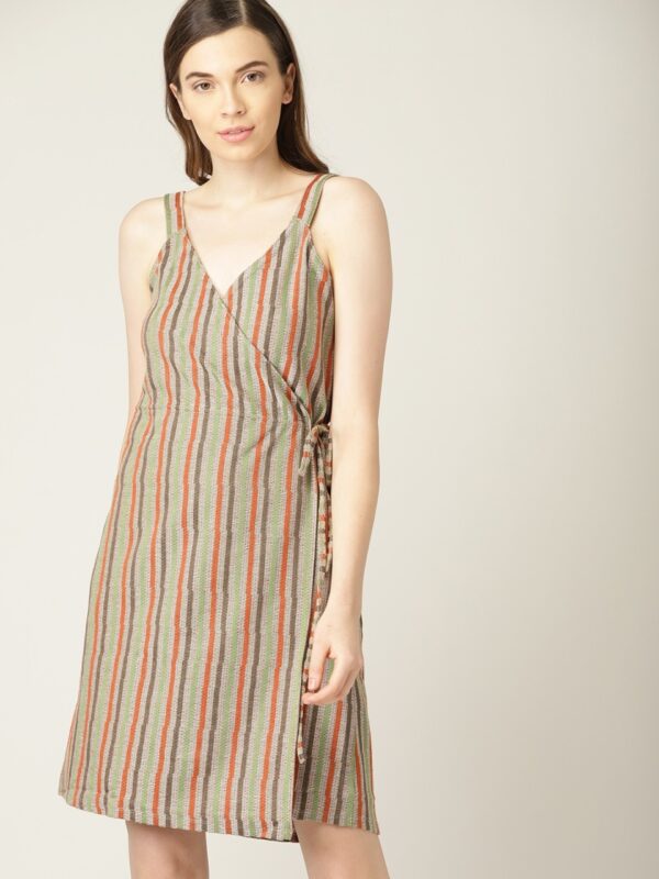 MANGO Women Brown & Green Striped Wrap Dress