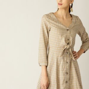 MANGO Women Beige & Black Checked A-Line Dress