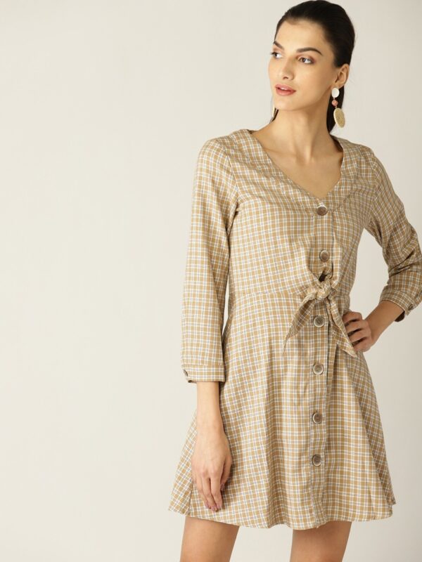 MANGO Women Beige & Black Checked A-Line Dress