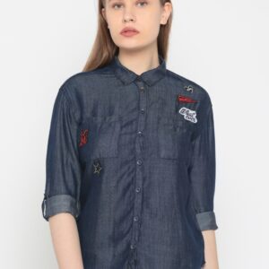 People Women Regular Fit Solid Chambray Casual Shirt