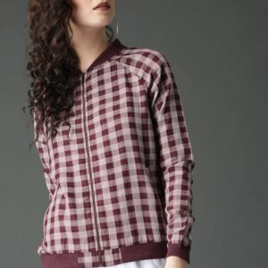 Roadster Women Checked Zipped Pure Cotton Top with Rib