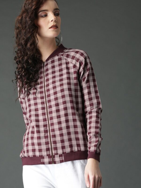 Roadster Women Checked Zipped Pure Cotton Top with Rib