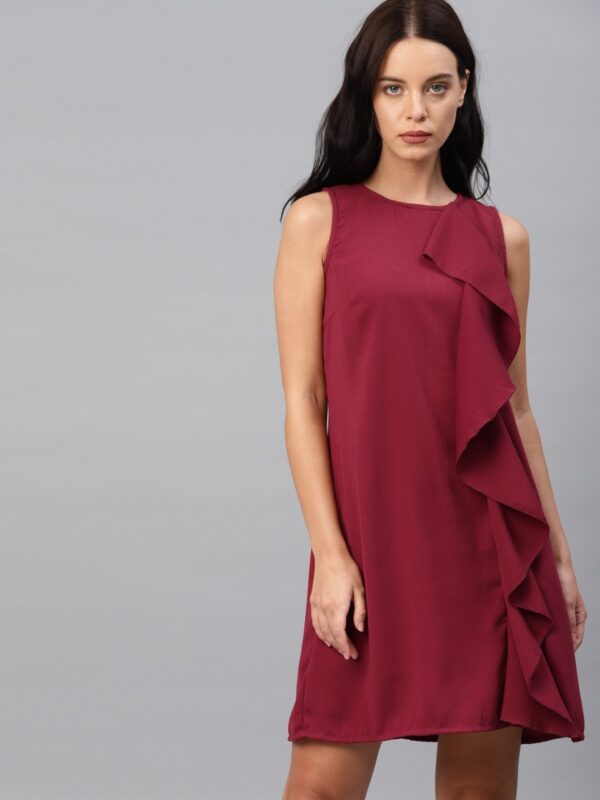 French Connection Women Maroon Solid A-Line Dress