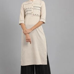 W for Women Off-White Mandarin Neck Solid Kurta