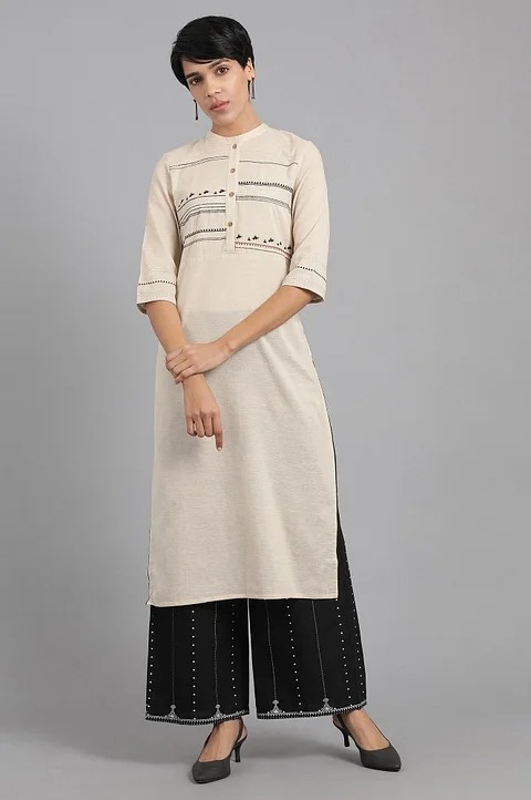 W for Women Off-White Mandarin Neck Solid Kurta