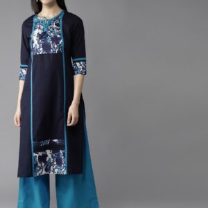 HERE&NOW Women Navy Yoke Design Kurta with Palazzos