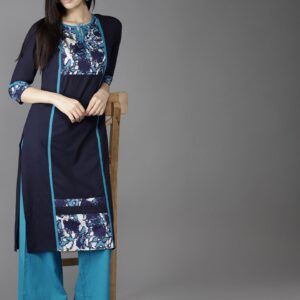 HERE&NOW Women Navy Yoke Design Kurta with Palazzos