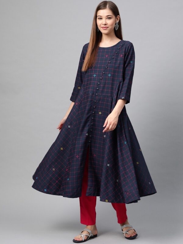 Sangria Women Navy Blue & Pink Checked A-Line Kurta