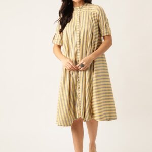 Sangria Women Beige & Navy Striped A-Line Dress