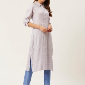 HERE&NOW Women Off-White & Blue Checked Kurta with Trousers