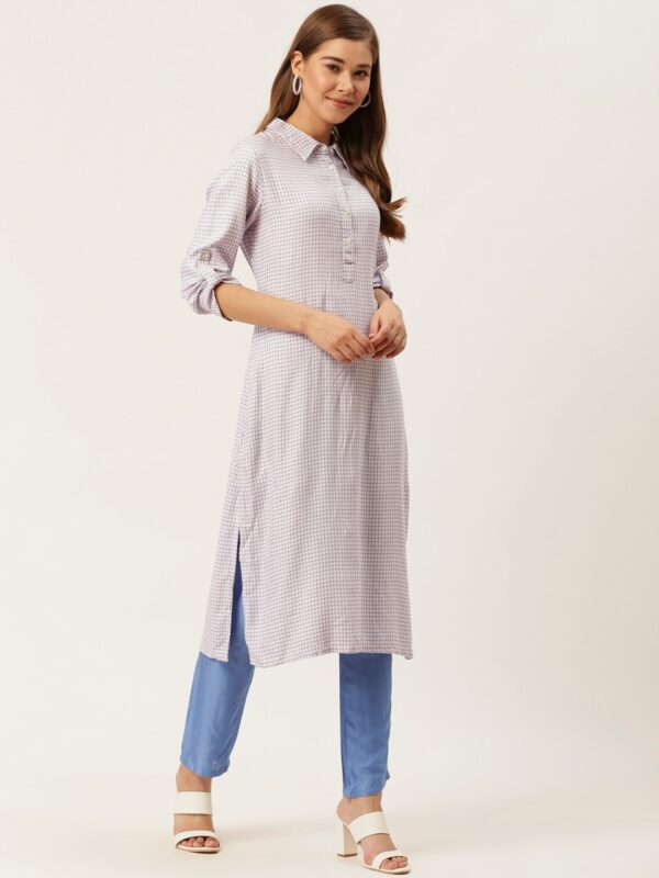 HERE&NOW Women Off-White & Blue Checked Kurta with Trousers