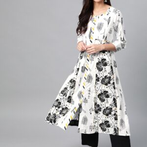 Sangria Women White & Black Panelled Floral Printed A-Line Kurta