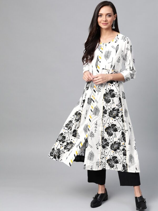 Sangria Women White & Black Panelled Floral Printed A-Line Kurta