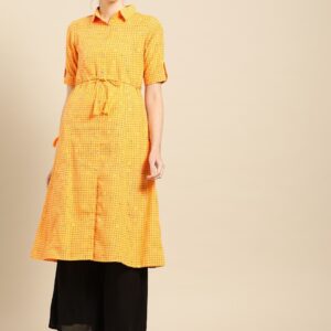 IMARA Women Yellow & Red Checked A-Line Kurta