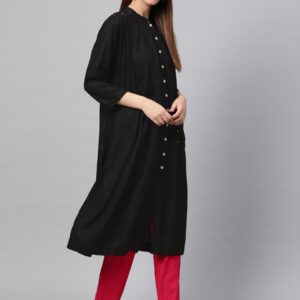 Sangria Women Black Geometric Embroidered Detail Straight Kurta