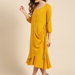 IMARA Women Mustard Yellow Solid Tana Bana Wrap Dress