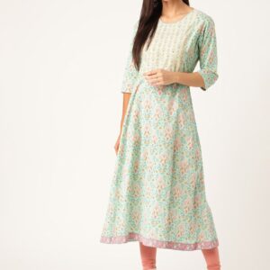 Moda Rapido Women Sea Green & Pink Printed A-Line Kurta