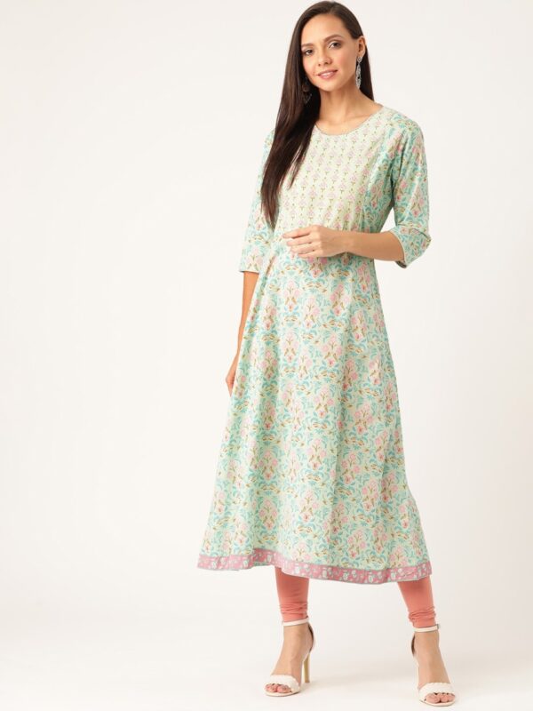 Moda Rapido Women Sea Green & Pink Printed A-Line Kurta