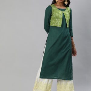 Anouk Women Green Solid Straight Kurta with Printed Ethnic Jacket